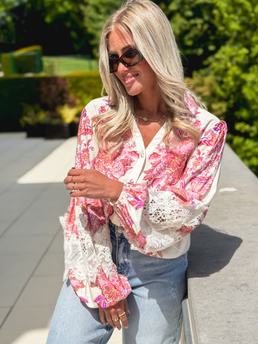 Chemise à motifs Kaïna - Ecru/Rose