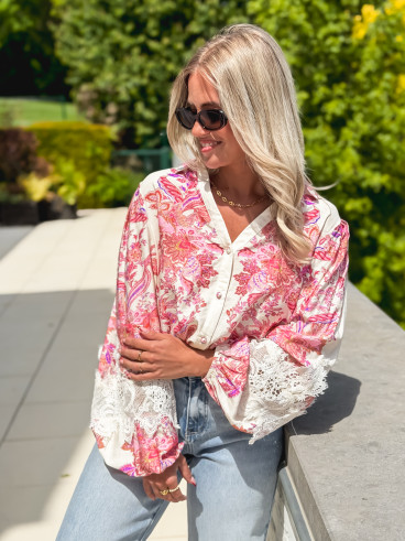 Chemise à motifs Kaïna - Ecru/Rose