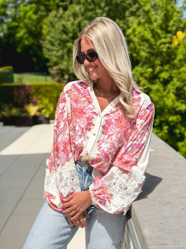 Chemise à motifs Kaïna - Ecru/Rose