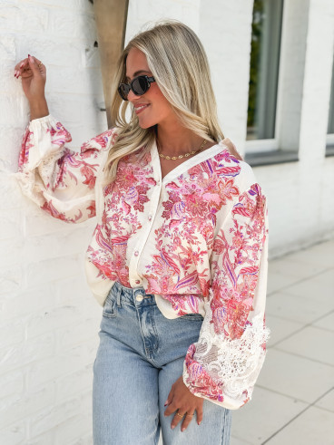 Chemise à motifs Kaïna - Ecru/Rose