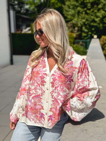 Chemise à motifs Kaïna - Ecru/Rose