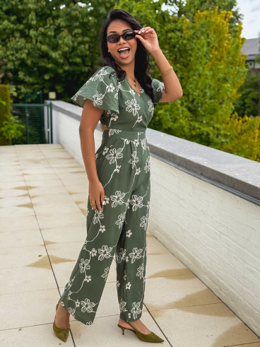 Combinaison pantalon à fleurs Mélissandre - Kaki