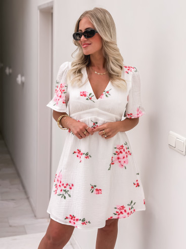 Robe courte à fleurs Mélaine - Blanc/Rose Robe courte à fleurs Mélaine - Blanc/Rose