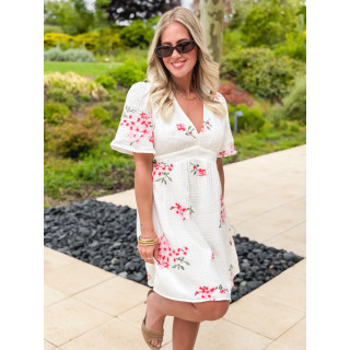 Robe courte à fleurs Mélaine - Blanc/Rose