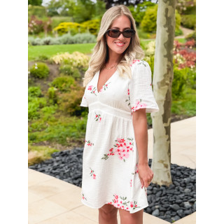 Robe courte à fleurs Mélaine - Blanc/Rose