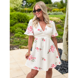 Robe courte à fleurs Mélaine - Blanc/Rose
