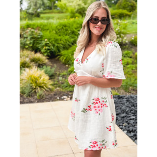 Robe courte à fleurs Mélaine - Blanc/Rose