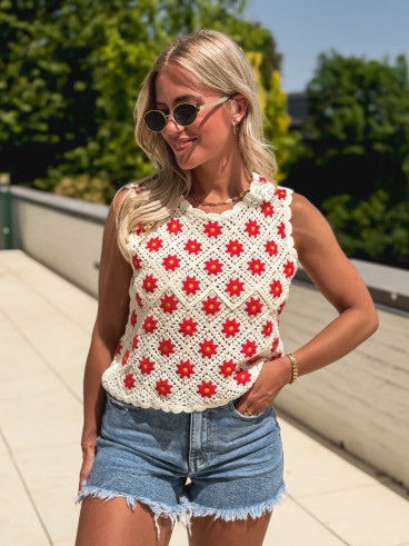 Blouse en crochet Maylisse - Ecru/Rouge