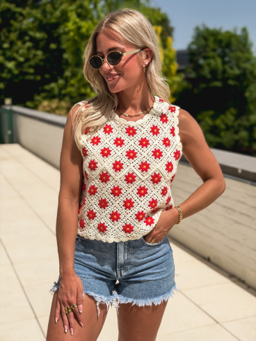 Blouse en crochet Maylisse - Ecru/Rouge