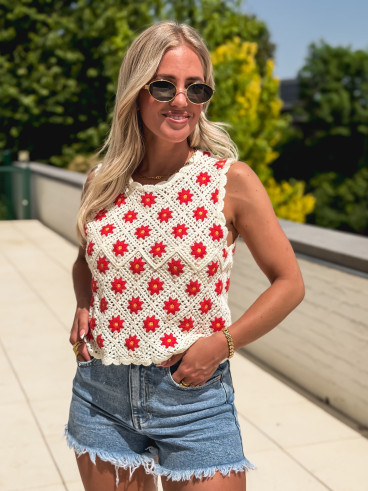 Blouse en crochet Maylisse - Ecru/Rouge