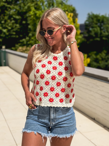 Blouse en crochet Maylisse - Ecru/Rouge
