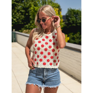 Blouse en crochet Maylisse - Ecru/Rouge