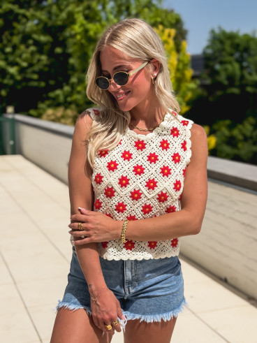 Blouse en crochet Maylisse - Ecru/Rouge