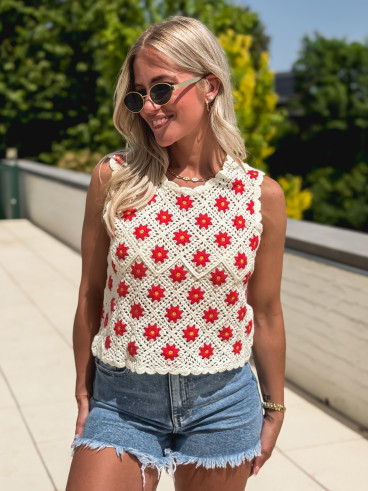 Blouse en crochet Maylisse - Ecru/Rouge