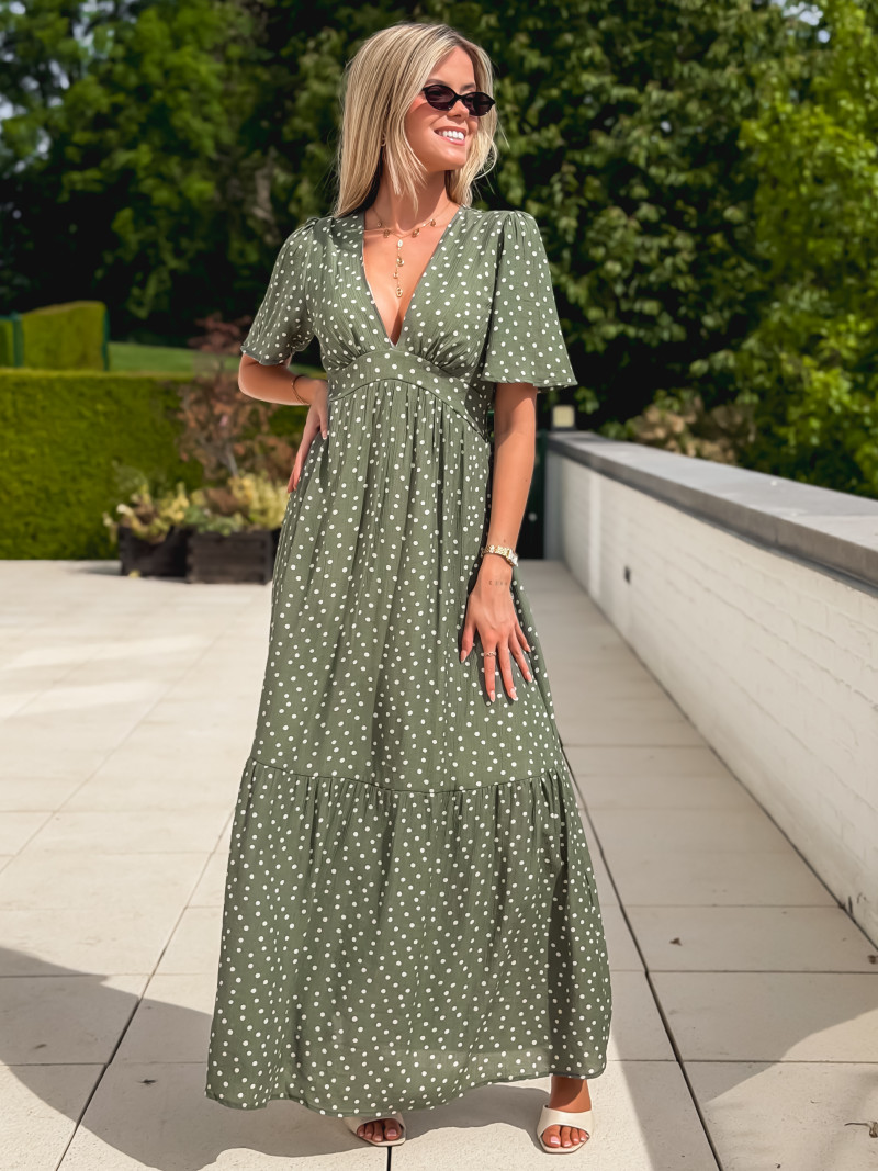 Robe longue à pois Méryl - Kaki