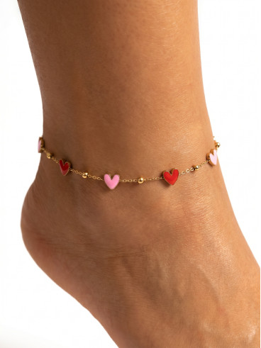 Chaine de cheville "Petits Coeurs" - Rouge/Rose