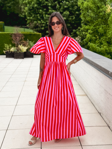 Robe longue lignée Fiona - Rouge/Rose