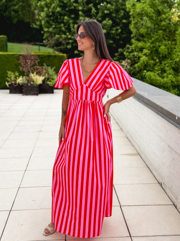 Robe longue lignée Fiona - Rouge/Rose