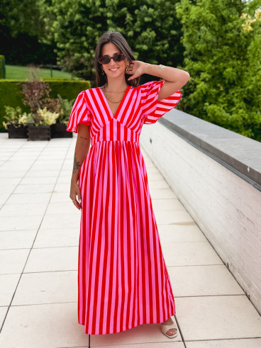Robe longue lignée Fiona - Rouge/Rose