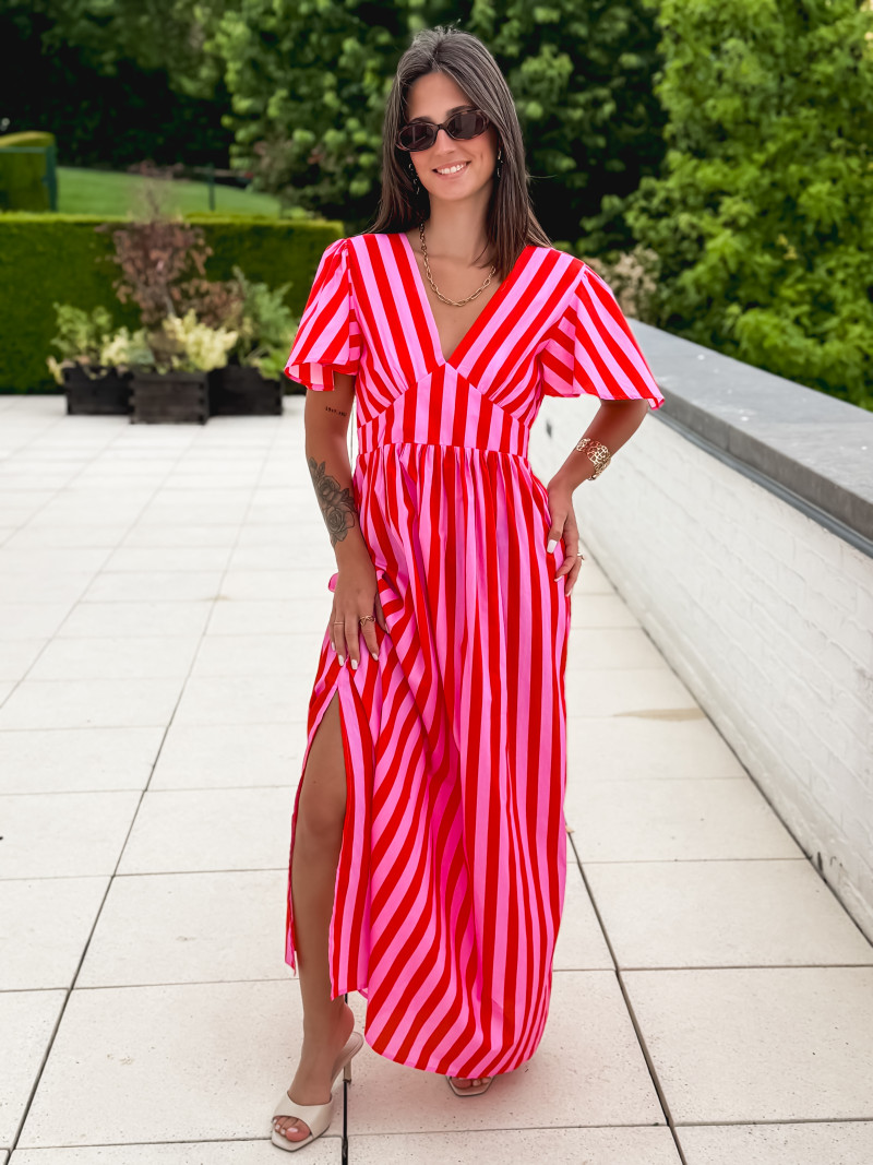 Robe longue lignée Fiona - Rouge/Rose
