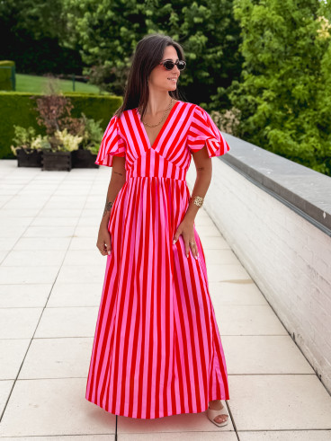 Robe longue lignée Fiona - Rouge/Rose