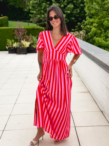 Robe longue lignée Fiona - Rouge/Rose