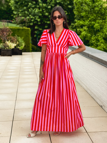 Robe longue lignée Fiona - Rouge/Rose