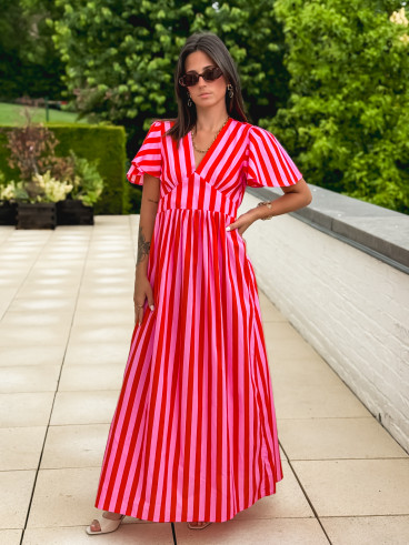 Robe longue lignée Fiona - Rouge/Rose