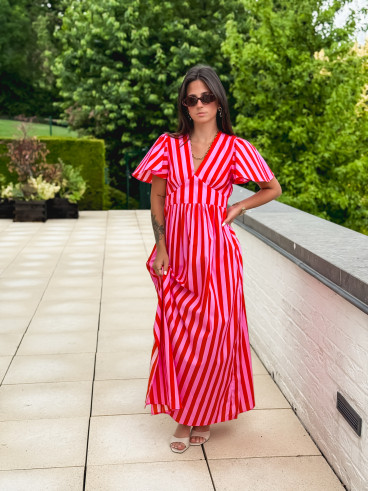 Robe longue lignée Fiona - Rouge/Rose