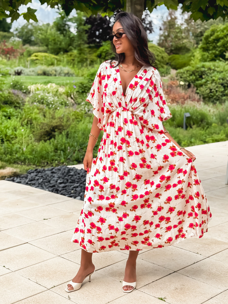 Robe longue beige à motifs