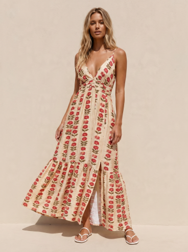 Robe longue à fleurs Lua - Beige sable