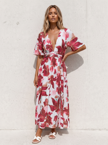Robe longue à motifs Toscane - Ecru/Terracotta