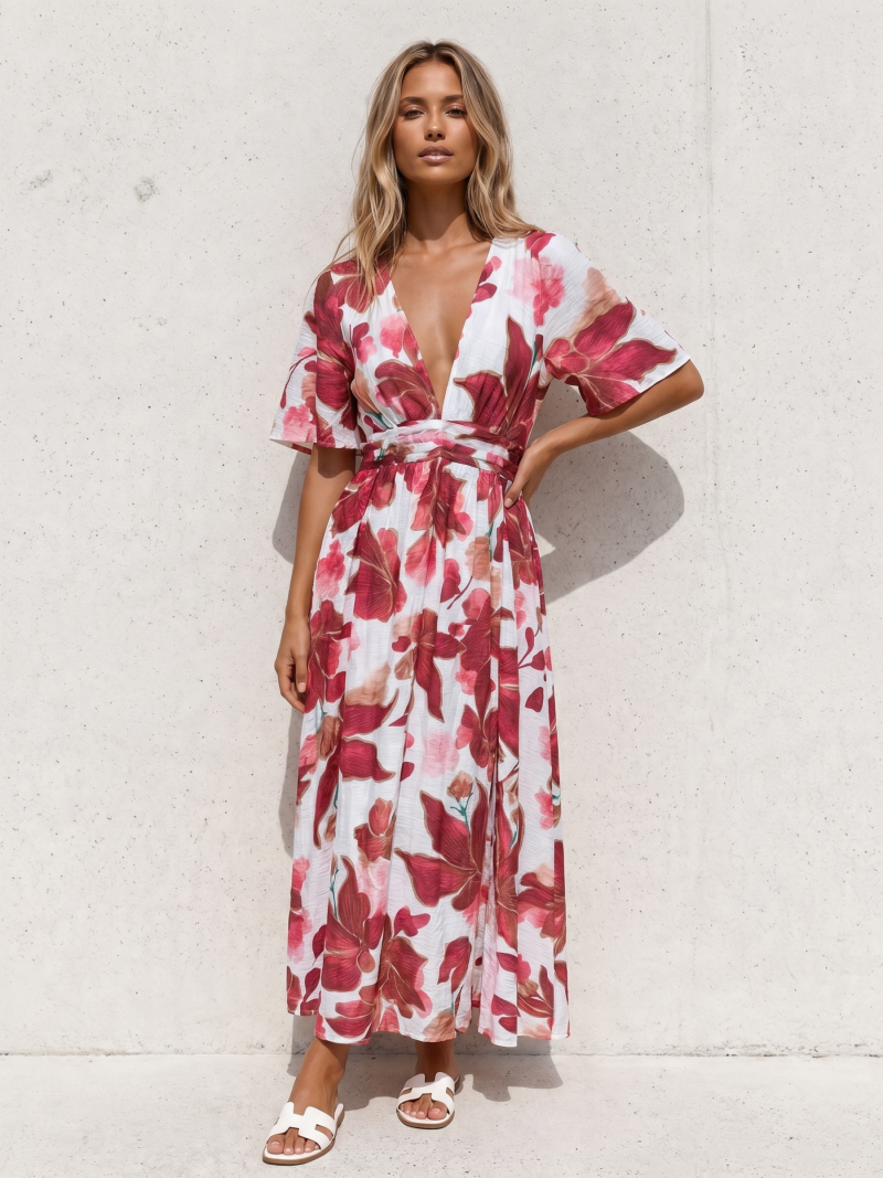 Robe longue à motifs Toscane - Ecru/Terracotta