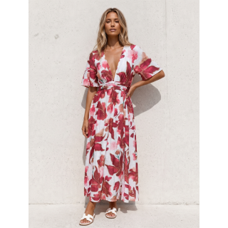 Robe longue à motifs Toscane - Ecru/Terracotta