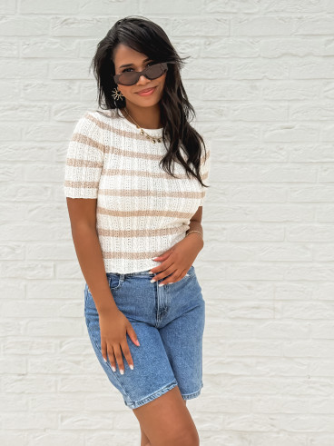 Blouse lignée Ysaline - Ecru/Taupe
