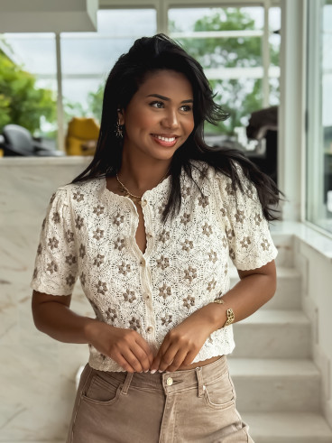 Blouse à fleurs Margot - Ecru/Taupe