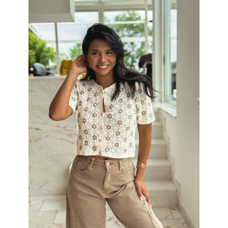 Blouse à fleurs Margot - Ecru/Taupe