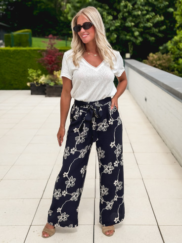 Pantalon à fleurs Mélissandre - Bleu marine