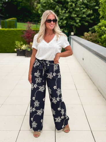Pantalon à fleurs Mélissandre - Bleu marine