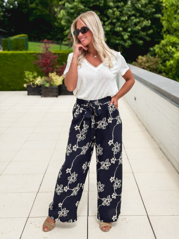Pantalon à fleurs Mélissandre - Bleu marine