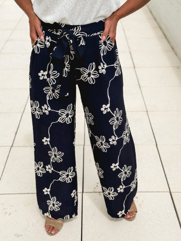 Pantalon à fleurs Mélissandre - Bleu marine