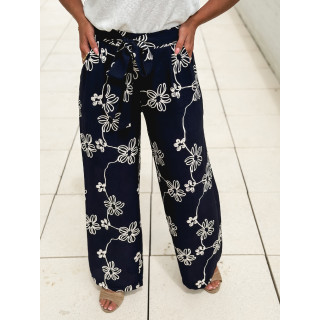 Pantalon à fleurs Mélissandre - Bleu marine