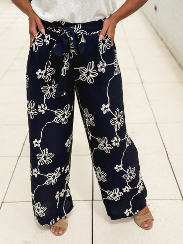 Pantalon à fleurs Mélissandre - Bleu marine