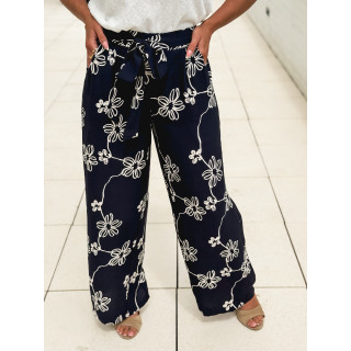 Pantalon à fleurs Mélissandre - Bleu marine