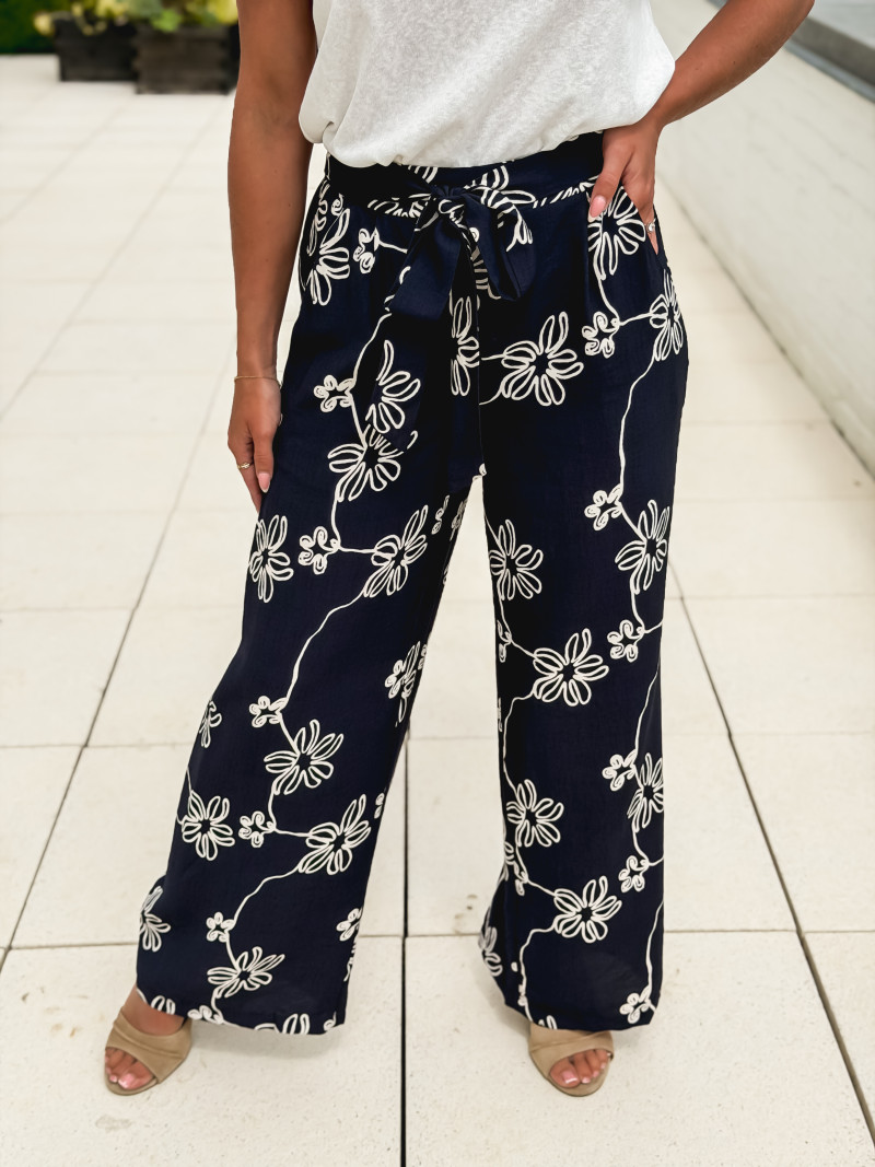 Pantalon à fleurs Mélissandre - Bleu marine