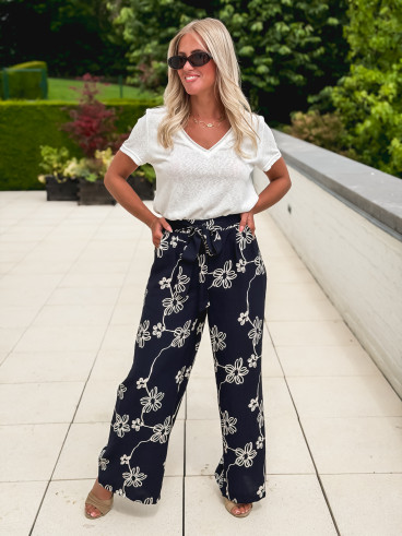 Pantalon à fleurs Mélissandre - Bleu marine