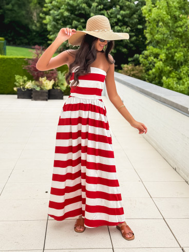 Robe longue lignée Isis - Rouge/Ecru