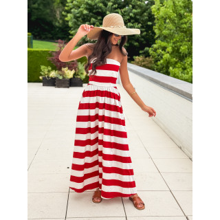 Robe longue lignée Isis - Rouge/Ecru