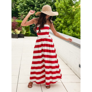 Robe longue lignée Isis - Rouge/Ecru