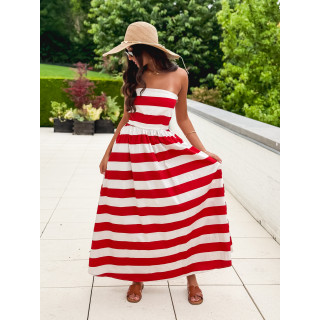 Robe longue lignée Isis - Rouge/Ecru